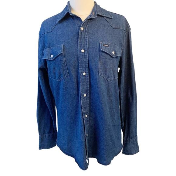 WRANGLER Rigid Denim Long Sleeve Pearl Snap Workshirt Medium - Picture 1 of 11